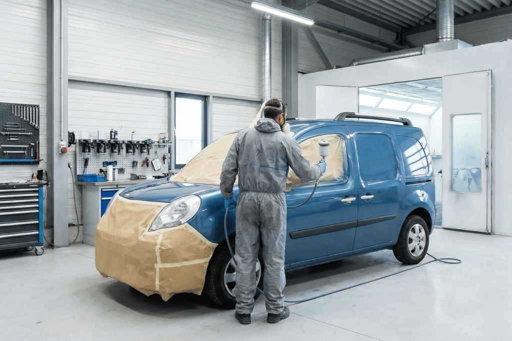 carrossier réalisant une nouvelle peinture sur véhicule